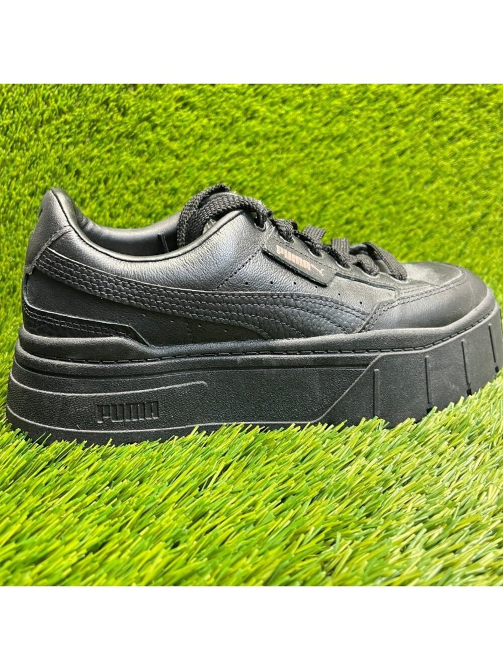 Puma Mayze Stack Womens Size 8 Triple Black Athletic Leather Shoes Sneakers